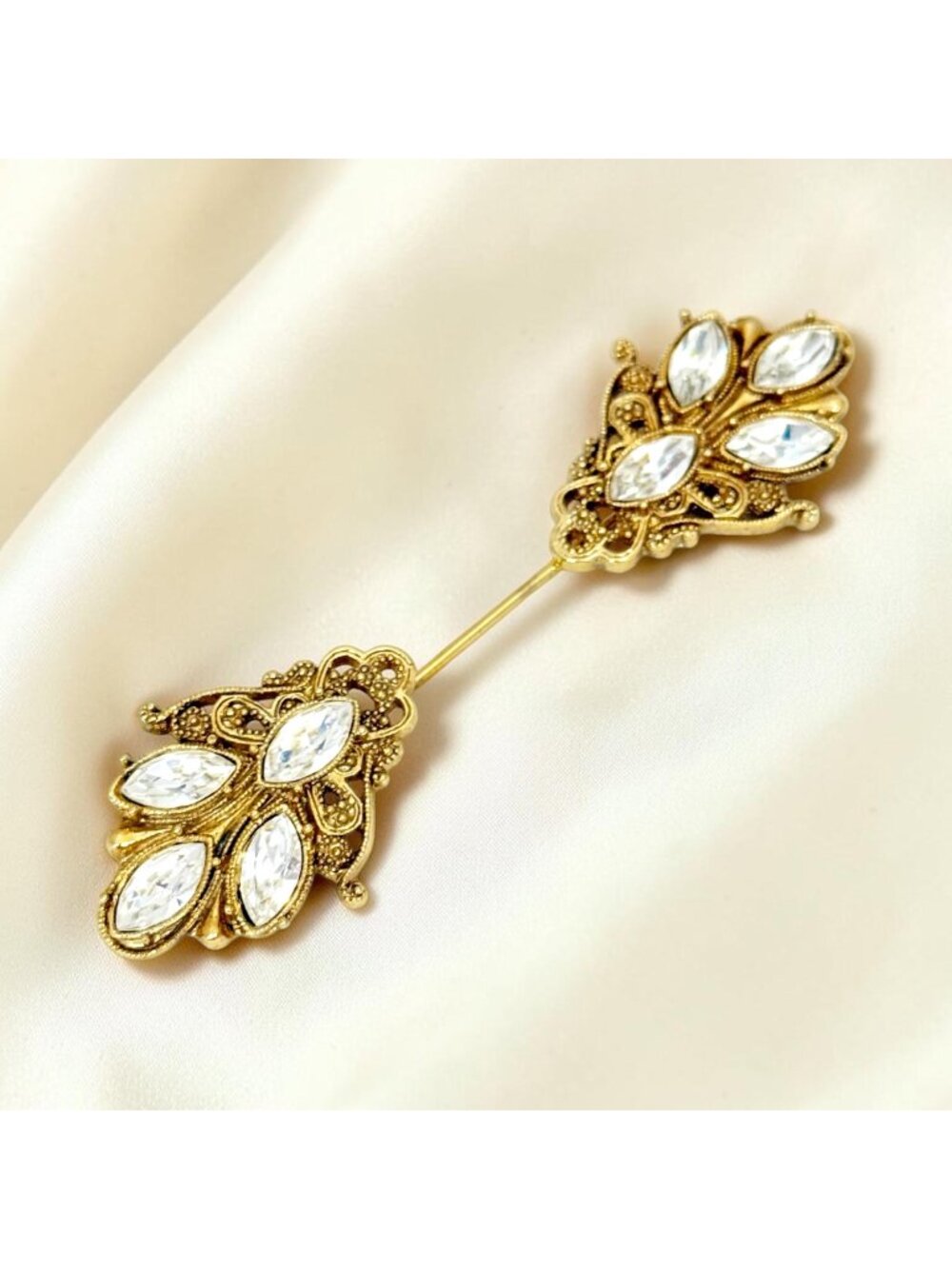 Vintage 1928 Brand Double End Stick Pin Gold-Tone Filigree Marquise Rhinestones